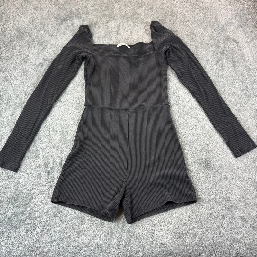 Reformation Jeans Ribbed Long Sleeve Romper Square Neck Black XS Made‎ in USA